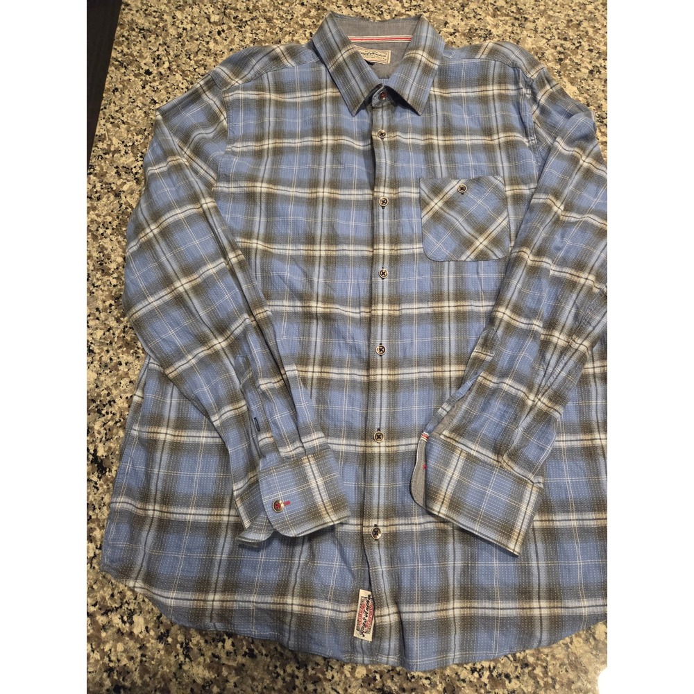 Flag & Anthem Mens Blue Grey Plaid Long Sleeve Button Down‎ Shirt Large 1207